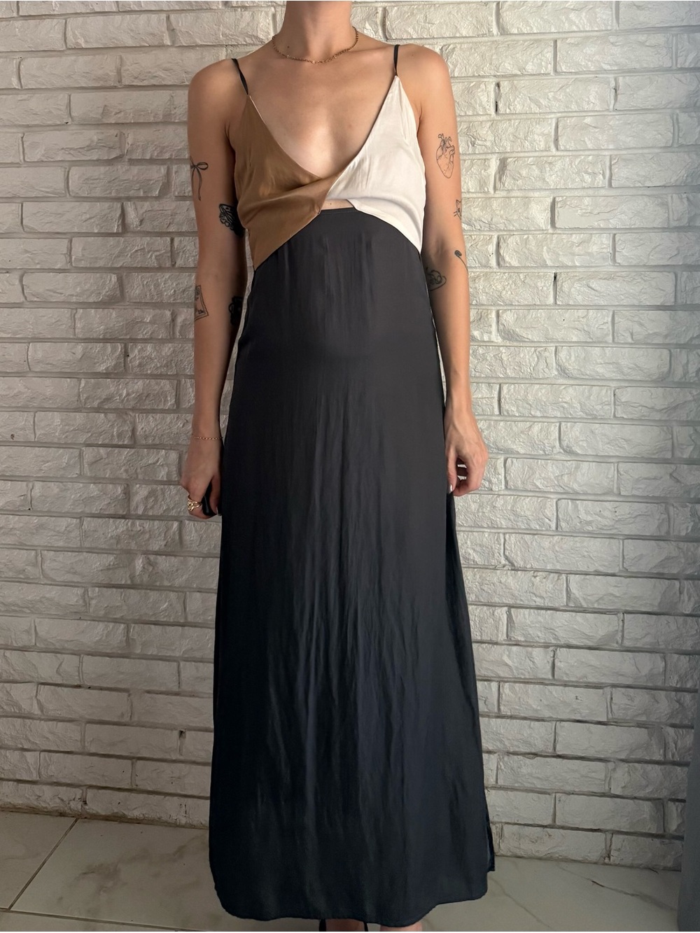 Promesa Colorblock Slip Maxi Dress in Black, Cream & Brown
